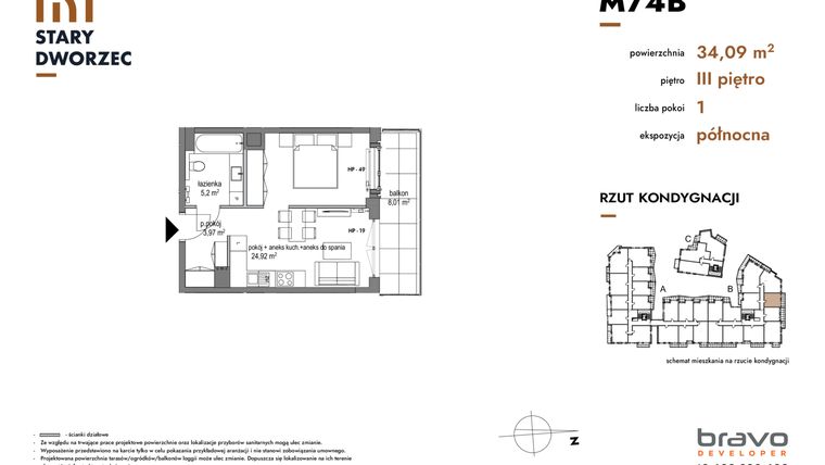 Rzut - Mieszkanie na sprzedaż 1 pokój o powierzchni 34,09 m² - numer M 74B w Stary Dworzec