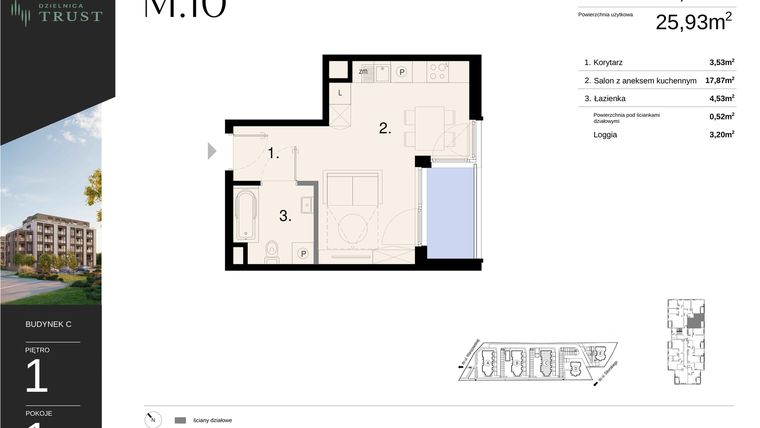 Rzut - Mieszkanie na sprzedaż 1 pokój o powierzchni 26,45 m² - numer C - M.10 w Dzielnica Trust - etap I