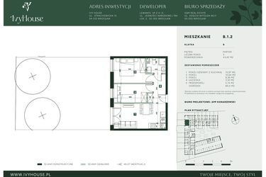 Rzut - Mieszkanie na sprzedaż 3 pokoje o powierzchni 43,42 m² - numer B.1.2 w IVY HOUSE
