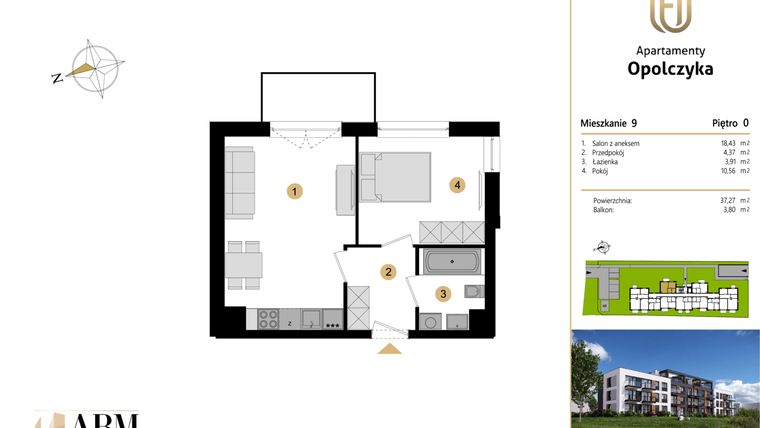 Rzut - Mieszkanie na sprzedaż 2 pokoje o powierzchni 37,27 m² - numer M9 w Apartamenty Opolczyka