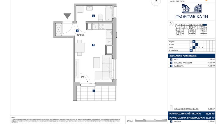 Rzut - Mieszkanie na sprzedaż 1 pokój o powierzchni 26,21 m² - numer B.47 w Osobowicka 114