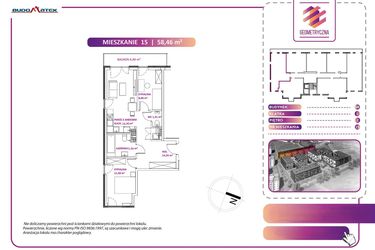 Rzut - Mieszkanie na sprzedaż 3 pokoje o powierzchni 58,46 m² - numer 15B w Geometryczna 5 - etap 3
