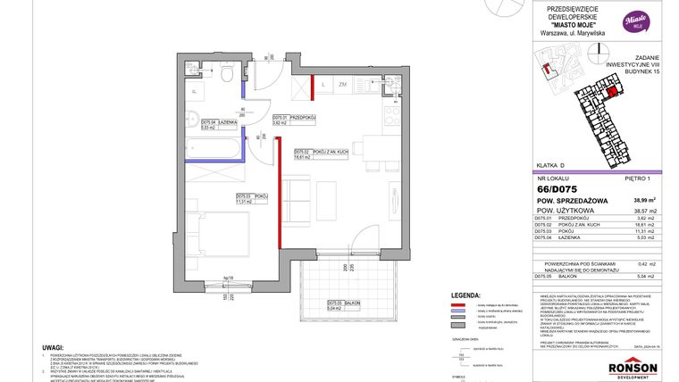 Rzut - Mieszkanie na sprzedaż 2 pokoje o powierzchni 38,99 m² - numer 15_D075 w Miasto Moje 8
