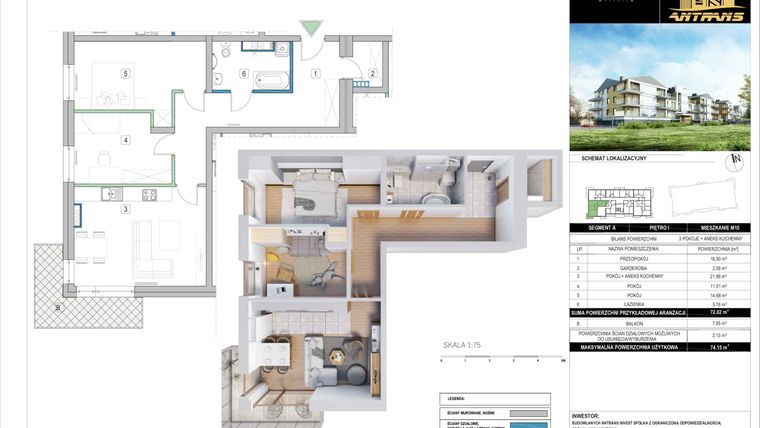 Rzut - Mieszkanie na sprzedaż 3 pokoje o powierzchni 74,15 m² - numer A10 w Silver House Olkusz