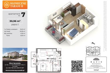 Rzut - Mieszkanie na sprzedaż 2 pokoje o powierzchni 30,96 m² - numer 7 w Słoneczne Tarasy II etap 2