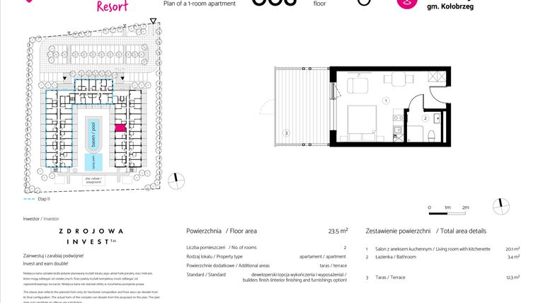 Rzut - Mieszkanie na sprzedaż 1 pokój o powierzchni 23,5 m² - numer 006 w VacationClub Resort
