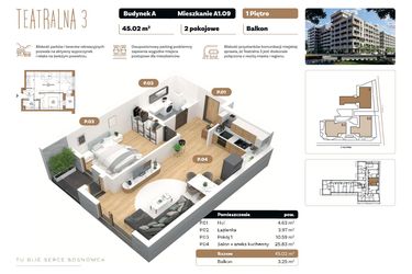 Rzut - Mieszkanie na sprzedaż 2 pokoje o powierzchni 45,02 m² - numer A 1.09 w Teatralna 3 - etap II