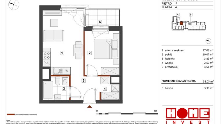 Rzut - Mieszkanie na sprzedaż 2 pokoje o powierzchni 38,03 m² - numer B1-A054 w Warszawski Świt etap VIII