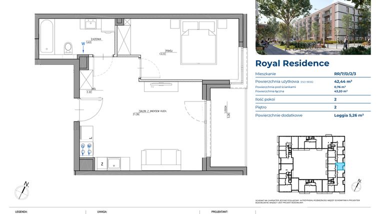 Rzut - Mieszkanie na sprzedaż 2 pokoje o powierzchni 42,44 m² - numer RR/7/D/2/3 w Royal Residence 7