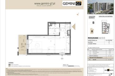 Rzut - Mieszkanie na sprzedaż 1 pokój o powierzchni 31,23 m² - numer A2/3/3 w GEMINI G-7