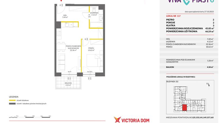 Rzut - Mieszkanie na sprzedaż 2 pokoje o powierzchni 45,85 m² - numer 117 w Viva Piast 6