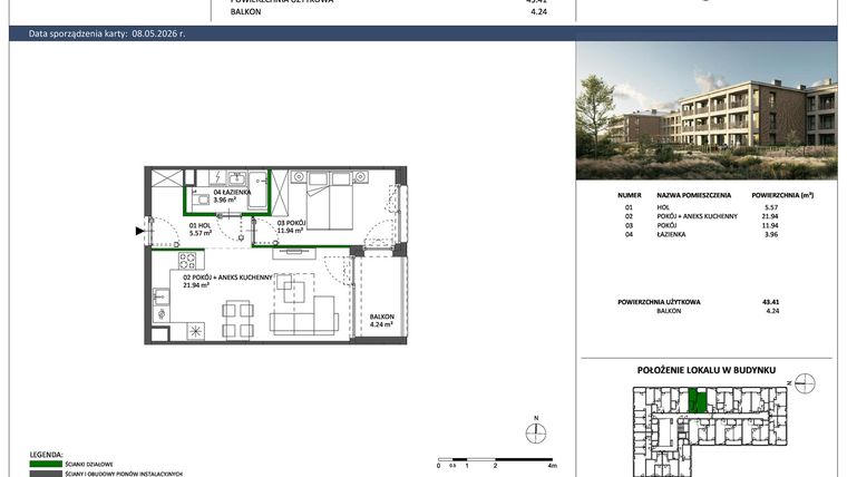 Rzut - Mieszkanie na sprzedaż 2 pokoje o powierzchni 43,41 m² - numer C-38 w Hillence etap 3