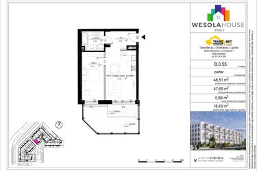 Rzut - Mieszkanie na sprzedaż 2 pokoje o powierzchni 47,65 m² - numer B.0.55 w Wesoła House Etap II