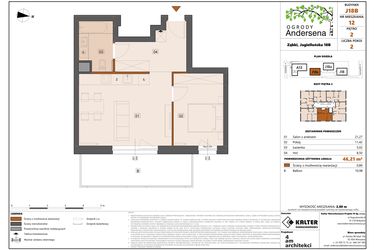 Rzut - Mieszkanie na sprzedaż 2 pokoje o powierzchni 46,21 m² - numer 12B w Ogrody Andersena