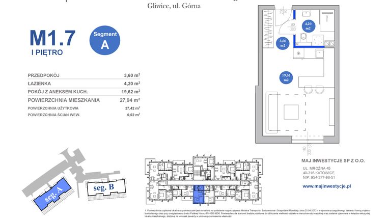Rzut - Mieszkanie na sprzedaż 1 pokój o powierzchni 27,42 m² - numer M1.7 w Osiedle Majowe 2.0 etap II