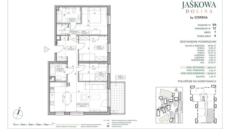 Rzut - Mieszkanie na sprzedaż 4 pokoje o powierzchni 92,46 m² - numer 6.A.12 w Villa Jaśkowa Dolina etap II