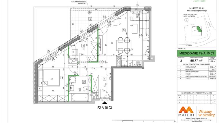 Rzut - Mieszkanie na sprzedaż 3 pokoje o powierzchni 55,74 m² - numer F2-A.10.03 w Kameralny Prokocim 2