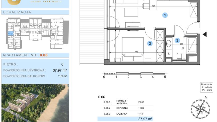 Rzut - Mieszkanie na sprzedaż 1 pokój o powierzchni 37,97 m² - numer 0.6 w Ustronie Luxury Apartments