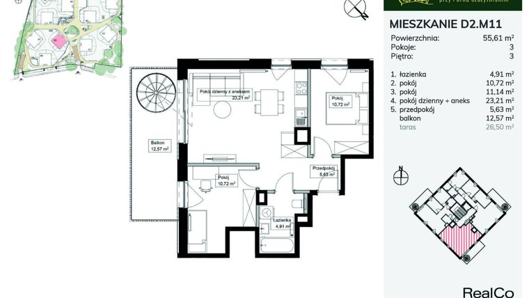 Rzut - Mieszkanie na sprzedaż 3 pokoje o powierzchni 55,61 m² - numer D2.M11 w Apartamenty przy Parku Szczytnickim
