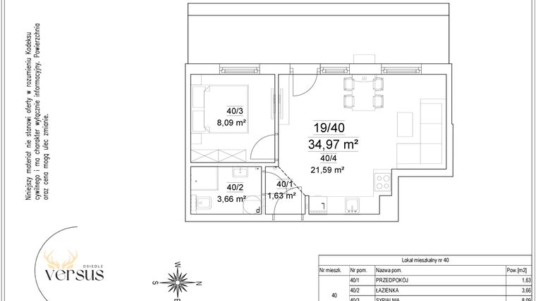 Rzut - Mieszkanie na sprzedaż 2 pokoje o powierzchni 34,97 m² - numer 19/40 w Osiedle Versus etap II