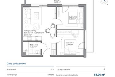 Rzut - Mieszkanie na sprzedaż 3 pokoje o powierzchni 53,09 m² - numer B.2.1 w Anchoria Holiday