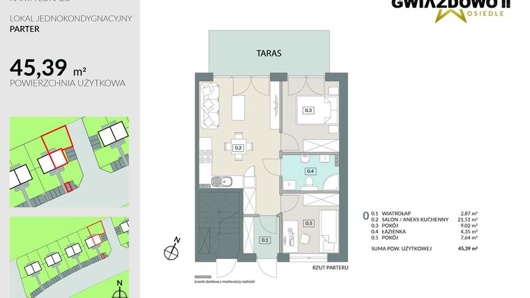 Rzut - Mieszkanie na sprzedaż 3 pokoje o powierzchni 45,39 m² - numer D8.1 w Gwiazdowo II