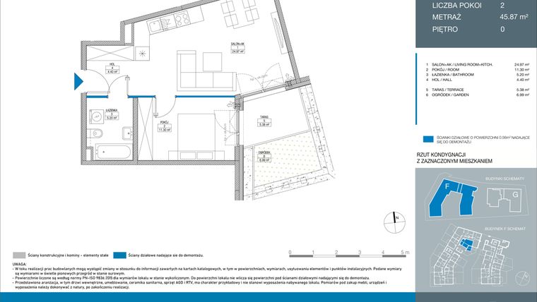 Rzut - Mieszkanie na sprzedaż 2 pokoje o powierzchni 45,87 m² - numer FA0004 w Spokojny Mokotów etap II