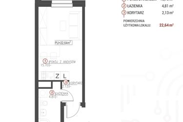 Rzut - Mieszkanie na sprzedaż 1 pokój o powierzchni 22,64 m² - numer 101 w Wróblewskiego 1