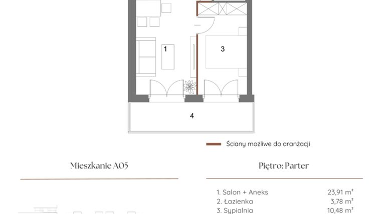 Rzut - Mieszkanie na sprzedaż 2 pokoje o powierzchni 38,75 m² - numer A05 w Dąbrowskiego 9