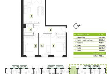 Rzut - Mieszkanie na sprzedaż 4 pokoje o powierzchni 76,06 m² - numer 1K4 M3 w Osiedle Krzeptów przy lesie