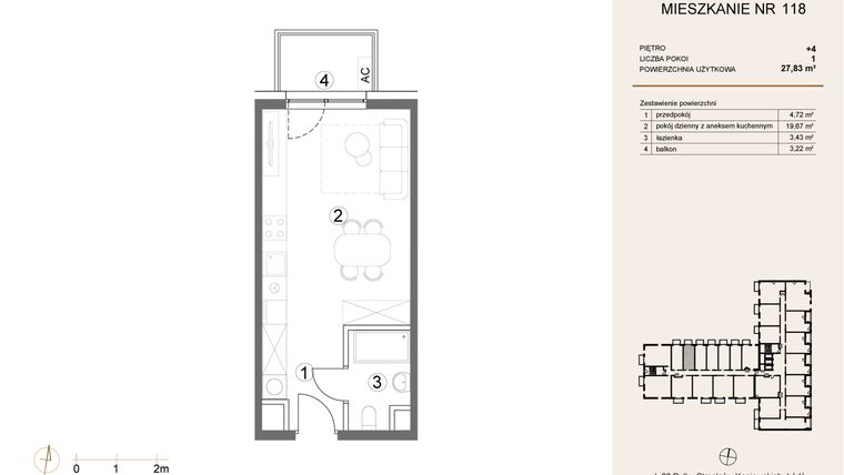 Rzut - Mieszkanie na sprzedaż 1 pokój o powierzchni 27,83 m² - numer 118 w Waterlane Vibe