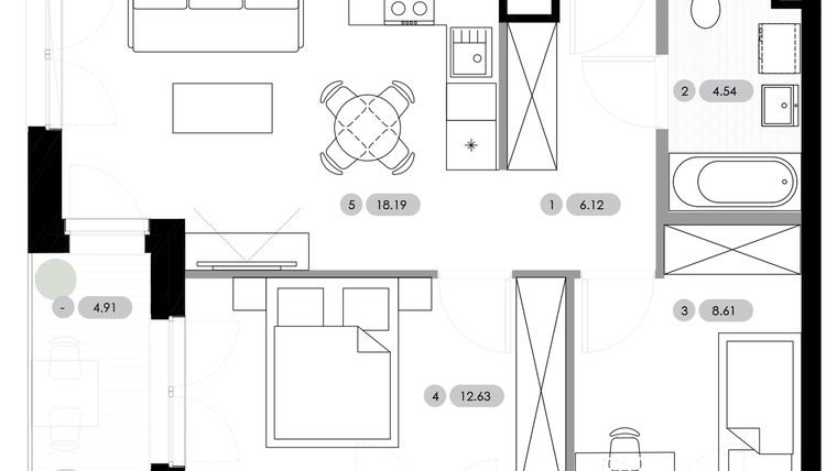 Rzut - Mieszkanie na sprzedaż 3 pokoje o powierzchni 50,09 m² - numer B.1.M6 w Nowe Radwanice