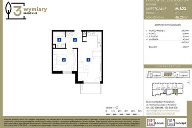 Rzut - Mieszkanie na sprzedaż 2 pokoje o powierzchni 46,25 m² - numer M.B23 w 3 Wymiary Bronowice
