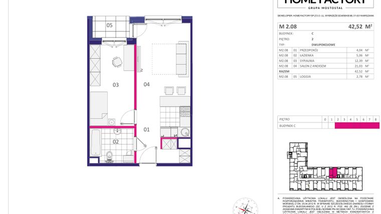 Rzut - Mieszkanie na sprzedaż 2 pokoje o powierzchni 42,52 m² - numer M2.08 w Home Factory etap III
