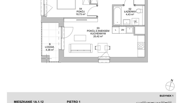 Rzut - Mieszkanie na sprzedaż 2 pokoje o powierzchni 44,46 m² - numer 1A.1.12 w Francuska Park VIIIB