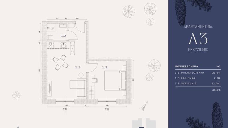 Rzut - Mieszkanie na sprzedaż 3 pokoje o powierzchni 36,06 m² - numer A3 w Rysulówka 70