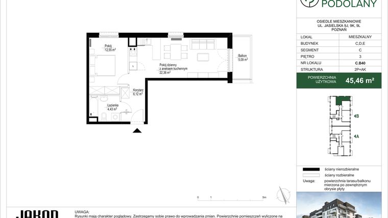 Rzut - Mieszkanie na sprzedaż 2 pokoje o powierzchni 45,46 m² - numer C.B40 w Sielskie Podolany II