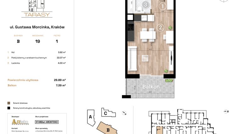 Rzut - Mieszkanie na sprzedaż 1 pokój o powierzchni 29,89 m² - numer B19 w Krzesławickie Tarasy