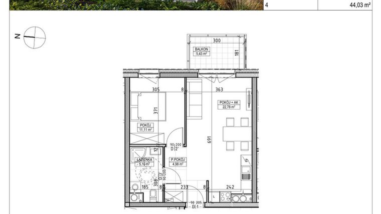 Rzut - Mieszkanie na sprzedaż 2 pokoje o powierzchni 44,03 m² - numer A3.01.15 w AURA