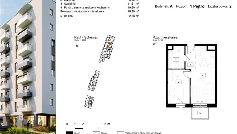Rzut - Mieszkanie na sprzedaż 2 pokoje o powierzchni 40,38 m² - numer A.16 w Osiedle Kochanowskiego - Gliwice