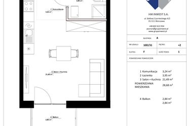 Rzut - Mieszkanie na sprzedaż 1 pokój o powierzchni 28,68 m² - numer 10D/31 w Jasielska 8C etap II