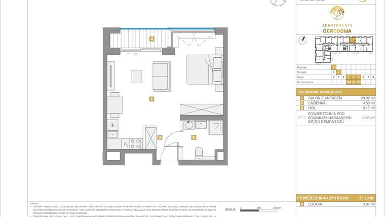 Rzut - Mieszkanie na sprzedaż 1 pokój o powierzchni 37,3 m² - numer A.124 w Apartamenty Ogrodowa