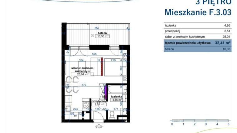Rzut - Mieszkanie na sprzedaż 1 pokój o powierzchni 32,41 m² - numer F.3.03 w Wzgórze Poetów 2