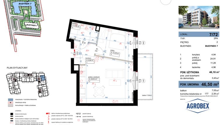 Rzut - Mieszkanie na sprzedaż 2 pokoje o powierzchni 46,5 m² - numer 7/72 w Nove Garby