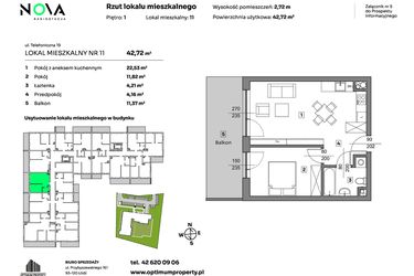 Rzut - Mieszkanie na sprzedaż 2 pokoje o powierzchni 42,72 m² - numer 11 w Nova Radiostacja