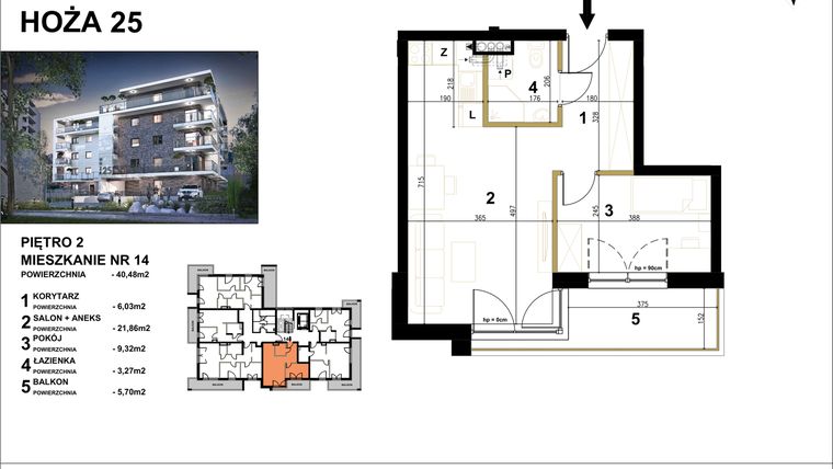 Rzut - Mieszkanie na sprzedaż 2 pokoje o powierzchni 40,48 m² - numer 14 w Hoża 25