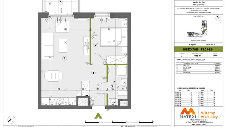 Rzut - Mieszkanie na sprzedaż 2 pokoje o powierzchni 39,65 m² - numer F1.C.06.04 w XYZ Place