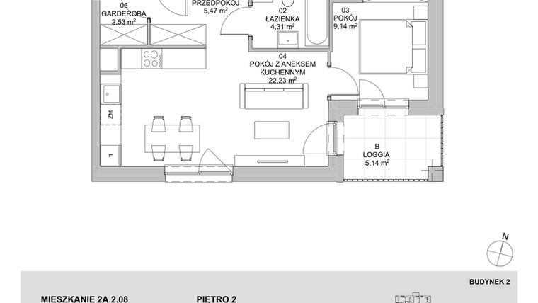Rzut - Mieszkanie na sprzedaż 2 pokoje o powierzchni 43,68 m² - numer 2A.2.08 w Francuska Park VIIIA