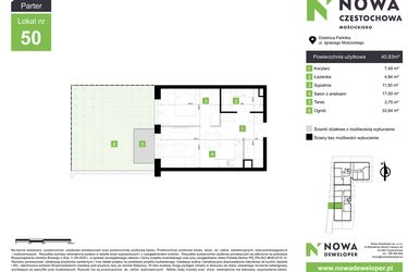 Rzut - Mieszkanie na sprzedaż 2 pokoje o powierzchni 40,83 m² - numer M50 w Nowa Częstochowa Mościckiego