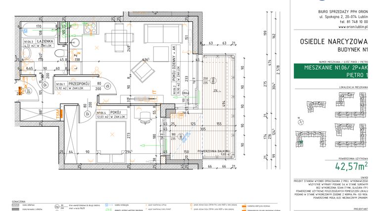 Rzut - Mieszkanie na sprzedaż 2 pokoje o powierzchni 42,57 m² - numer N1.06 w Osiedle Narcyzowe etap 2